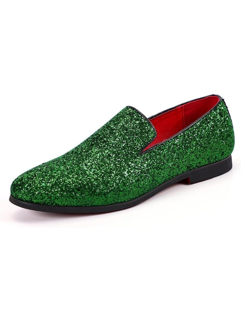 Men's Green Leather Glitter Sparkly Loafers Slip On Tuxedo Formal Events Shoes